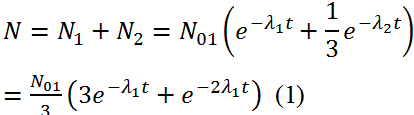 Gọi N01 là số hạt nhân ban đầu của nguồn phóng xạ 1

Gọi N02 là số hạt nhân ban đầu của nguồn phóng xạ 2. Thì N02 = N01/3.

Sau thời gian t số hạt nhân còn lại của mỗi nguồn là:

 và 

Tổng số hạt nhân còn lại của 2 nguồn:

Khi t = T (T là chu kỳ bán rã của hỗn hợp) thì N = 1/2(N01 + N02) = 2/3 N01.   (2)

 Từ (1) và (2) ta có: 

Đặt ,  ta được: x 2 + 3x – 2 = 0 (*)

Phương trình (*) có nghiệm x = 0,5615528.  Do đó : 

Từ đó 