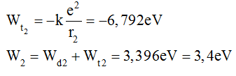 Đáp án:  A

Ta có:

r2 = 22. r1 = 2,12.10 -10m.

Lực Cu - lông giữa hạt nhân với electron là lực hướng tâm.

Động năng của e trên quỹ đạo thứ 2 là:

Thế năng của e trên quỹ đạo thứ là thế năng tương tác tĩnh điện: