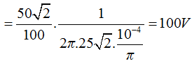 Khi tốc độ quay của động cơ là 1500 vòng/phút thì tần số của dòng điện là f = pn/60 = 50Hz

Khi đó, ta tính được ZL = 200Ω, ZC = 100Ω và R = 100Ω

Và ta tính được tổng trở của mạch   Z = 100√2Ω

Điện áp hiệu dụng hai đầu đoạn mạch khi đó là U = IZ = 100 V

 + Khi tốc độ quay của động cơ là n0 thì điện áp hiệu dụng hai đầu tụ điện đạt giá trị cực đại, tần số của dòng điện trong mạch khi đó là f0