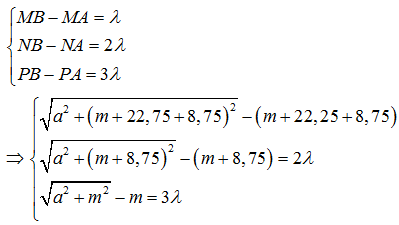 Theo bài ra M là điểm xa A nhất nên M thuộc cực tiểu thứ 1, N thuộc cực tiểu thứ 2, P thuộc cực tiểu thứ 3. Vì hai nguồn ngược pha nên ta có:

Trong đó: AB = a, AP = m. Ta có:

      nên

Vì Q thuộc Ax và gần A nhất nên Q phải thuộc cực tiểu thứ 4.

Nên