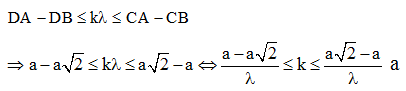 + Xét hình vuông ABCD có cạnh bằng a.

+ Số cực đại trên CD thỏa điều kiện:

+ Vì trên CD có 3 cực đại và các cực đại đối xứng qua cực đại

+ Số cực đại trên AB:

 

=> .