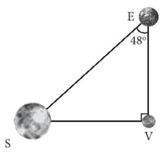 Trả lời:   \[{d_{EV}} = {d_{ES}}.\cos {48^0} = 150.\cos {48^0} = 100,37\]  triệu km