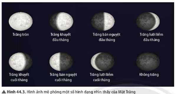 Trả lời:

Hình ảnh thực tế về hiện tượng nguyệt thực:

- Hình dạng của  M ặt  T răng khi quan  sát ở Trái Đất :

Hình dạng của Mặt Trăng: Trăng tròn, Trăng khuyết, Trăng bán nguyệt, Trăng lưỡi liềm, Không trăng.

- Với mỗi vị trí của Mặt trăng trong hình, người trên Trái Đất quan sát được thấy 

Vị trí 1: Trăng bán ngyệt đầu tháng

Vị trí 2: Trăng lưỡi liềm đầu tháng

Vị trí 3: Không trăng

Vị trí 4: Trăng lưỡi liềm cuối tháng

Vị trí 5: Trăng bán nguyệt cuối tháng

Vị trí 6: Trăng khuyết cuối tháng

Vị trí 7: Trăng tròn

Vị trí 8: Trăng khuyết đầu tháng