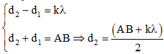 Số đường hyperbol cực đại cắt MN bằng số điểm cực đại trên CD

Ta có : AM – BM  = AC – BC = 7 cm.

Và AC + BC = AB = 13 cm → AC = 10 cm

Kết hợp với

Và DB = AB – AD → AD = 11,08 cm.

 Xét một điểm bất kỳ trên AB, điều kiện để điểm đó cực đại là:

Số điểm cực đại trên AC:

→ có 16 điểm cực đại

Số điểm cực đại trên AD

→ có 18 điểm cực đại

Vậy trên CD có 18 – 16 = 2 cực đại, suy ra có 2 đường hyperbol cực đại cắt MN