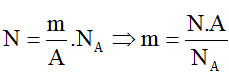 Ph ươngpháp:  Sử dụng công thứcliên hệ giữ asố hạt và khối lượng N = (m/A)NA

Hiệu suấ t:H=Pci /Ptp

Cách giải:

+ Năng lượng hạt nhân của lò phản ứng cung cấp cho tàu ngầm vận hành trong một ngày: W=P.t= 400.106 .86400 = 3,456.1013J

+ Do hiệu suất của lò đạt 25% nên năng lượng của mỗi phân hạch cung cấp là:

+ Số phân hạch cần xảy ra để có năng lượng W là:

+ Cứ một phân hạch cần 1 hạt U235 => số hạt U235 dùng trong 1 ngày là: N = 4,32.1024 hạt

Lại có 