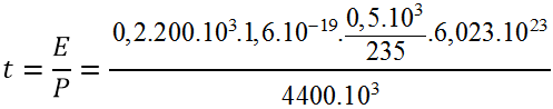 Số hạt U trong 0,5 kg là: 

+ Năng lượng tỏa ra với n hạt là: En = n.200 MeV

 + Năng lượng là động cơ sử dụng là: 

+ Thời gian tiêu thụ hết 0,5 kg U là:

= 1863985 s= 21,6 ngày.