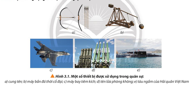 Trả lời:

- Khoa học quân sự đã có những bước tiến vượt bậc cùng với sự phát triển của vật lí. Các kiến thức vật lí đã được áp dụng vào việc chế tạo thiết bị quân sự một cách đa dạng hơn: máy bay tiêm kích sử dụng các kiến thức về khí động lực học, bảo toàn động lượng, hệ thống hệ thống tên lửa phòng không, sử dụng hệ thống phát và thu sóng điện từ kết hợp với các thuật toán quỹ đạo để phát hiện tên lửa mục tiêu và điều khiển hệ thống tên lửa bám hướng đến tiêu diệt mục tiêu, tàu ngầm quân sự hoạt động dựa trên định luật Ác-si-mét, nguyên lí Pascal, năng lượng hạt nhân.