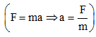 + Trong biểu thức định luật II Niu – tơn

 

F và m không phụ thuộc gì nhau và cũng không phụ thuộc vào a,  chỉ có a phụ thuộc vào F và m (a tỉ lệ thuận với F, ti lệ nghịch với m).

=> .