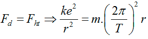 Ta có . Nguyên tử hidro hạt nhân gồm có 1 proton và 1 electron chuyển động tròn xung quanh proton. Xét trong một chu kì (thời gian để electron chuyển động hết 1 vòng xung quanh proton) thì lượng ∆q dịch chuyển là 1e 

Lực Cu-lông đóng vai trò lực hướng tâm. Ta có: