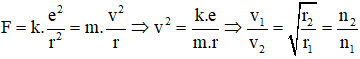 Lực điện đóng vai trò là lực hướng tâm nên:

Tỉ số giữa tốc độ của electron trên quỹ đạo L và tốc độ của electron trên quỹ đạo N bằng: 