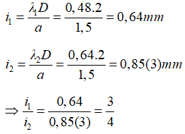Khoảng vân tương ứng với hai bức xạ lần lượt là:

Để tìm số vân sáng trùng nhau ta coi như hệ giao thoa của 1 ánh sáng có khoảng vân là:

Trong miền giao thoa có bề rộng L = 7,68mm có số vân sáng trùng nhau là: