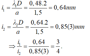- Khoảng vân tương ứng với hai bức xạ lần lượt là:

- Để tìm số vân sáng trùng nhau ta coi như hệ giao thoa của 1 ánh sáng có khoảng vân là:

- Trong miền giao thoa có bề rộng L = 7,68mm có số vân sáng trùng nhau là: