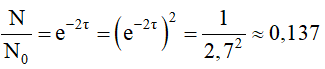 - So với số hạt nhân ban đầu, sau khoảng thời gian t = 2τ số hạt nhân nguyên tử của chất phóng xạ còn lại chiếm: