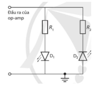 Trả lời:

Thiết bị đầu ra như mạch op-amp – LED

Diode phát sáng (LED) là thiết bị bán dẫn, chỉ cho dòng điện đi qua theo một chiều mà không cho dòng điện đi qua theo chiều ngược lại. LED được gọi là phân cực thuận khi nó cho dòng điện đi qua và được gọi là phân cực ngược khi không cho dòng điện đi qua.

Hình trên cho thấy hai LED được kết nối với đầu ra của một op-amp để cho biết đầu ra là dương hay âm.

Khi đầu ra là dương đối với đất, LED D1 sẽ được phân cực thuận và phát ra ánh sáng; LED D2 sẽ được phân cực ngược và không phát ra ánh sáng. Khi phân cực của đầu ra thay đổi, LED D2 sẽ được phân cực thuận và phát ra ánh sáng; LED D1 sẽ được phân cực ngược và không phát ra ánh sáng. Các LED có thể được chọn để chúng phát ra ánh sáng có màu khác nhau.