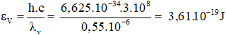 Lượng tử năng lượng của ánh sáng đỏ là:

Lượng tử năng lượng của ánh sáng vàng là: