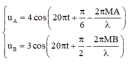 Sóng thành phần tại M:

Biên độ sóng tại M là 6 cm

Vì M gần trung trực nhất nên MA – MB phải min, nên ọ nghiệm

Biên độ sóng tại M là 6 cm.

Vì M gần trung trực nhất nên MA – MB phải min, nên ọ nghiệm

Mặt khác:

Áp dụng hệ thức lượng

suy ra OH =0,016 cm