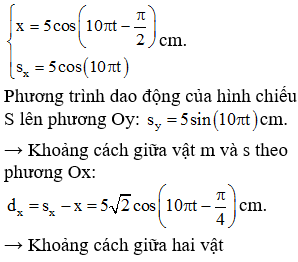 Chọn gốc thời gian là khi trạng thái dao động của hệ như hình vẽ → phương trình dao động của vật và hình chiếu của S theo phương ngang Ox là: