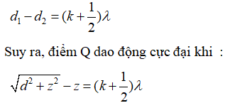 ta có hình vẽ

Vì hai nguồn dao động ngược pha nên ta áp dụng điều kiện để 1 điểm trong miền giao thoa dao động cực đại là:  

Vì Q dao động cực đại nên điểm Q nằm trên các đường hyperbol cực đại trong miền giao thoa.

 Áp dụng công thức tính số dao động cực đại trong đoạn AB:

Từ điều kiện Q dao động cực đại, khi Q xa nhất ứng với k = 0, thay số vào ta được :

Khi Q gần nhất ứng với k = 2 (hoặc k = -3, tùy theo bạn chọn đâu là chiều dương), thay số vào ta được:

Khi Q gần nhất ứng với k = 2 (hoặc k = -3, tùy theo bạn chọn đâu là chiều dương), thay số vào ta được: