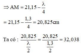 Gọi M là trung điểm của AB , AM = 21,15 cm

M là bụng sóng , gọi N là nút sóng gần M nhất ( N thuộc AM ):

=> Từ nút N đến A có tất cả 32 bó sóng

Suy ra từ M đến A có 33 nút sóng

Vậy trên đoạn AB có tất cả là : 33.2 = 66 nút sóng