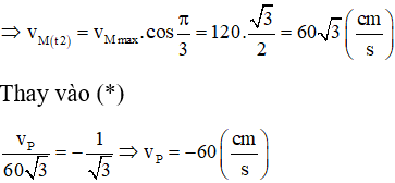 Từ đồ thị ta tính được λ = 24 cm.

Gọi A là biên độ tại bụng, điểm N là điểm bụng nên AN = A

Điểm M cách nút B gần nhất là MB = 4 cm nên:

Điểm P cách điểm nút gần nhất là 2 cm nên:

Điểm M và N cùng một bó sóng nên dao động cùng pha nhau và ngược pha với điểm P, ta có:

Tại 

Tại t2: 

Xác định trên đường tròn vận tốc, vận tốc của M tại hai thời điểm t1 và t2, như hình.