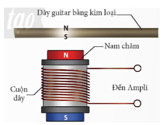 Khi gảy đàn, đoạn dây gần nam châm bị nhiễm từ dao động và tạo ra sự biến thiên từ thông qua cuộn dây của bộ cảm ứng, từ đó tạo ra một suất điện động cảm ứng. Tín hiệu điện được đưa đến một bộ khuếch đại và loa, tạo ra sóng âm thanh mà chúng ta nghe được.