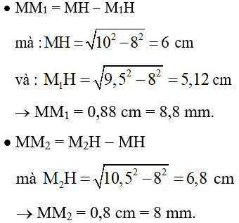 - Ta có:

+ Độ lệch pha dao động của 2 điểm M, N trên đường trung trực d của AB là:

+ N dao động cùng pha với M khi :

+ Hai điểm M1 và M2 gần M nhất dao động cùng pha với M ứng với:

- Ta có:

- Vậy điểm dao động cùng pha gần M nhất ứng với điểm M2 và cách M 8 mm gần 7,8 mm nhất.