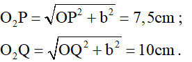 - Đặt O1 O2  = b (cm) . Theo hình vẽ ta có :

- Theo bất đẳng thức cosi thì a = amax  khi b = 6 cm. Suy ra:

- Tại Q là phần tử nước dao động với biên độ cực đại nên:

- Tại P là phần tử nước không dao động nên P thuộc cực tiểu bậc k’:

   với k’ = k + 1 (do giữa P và Q không còn cực đại nào)

   Q là cực đại ứng với k = 1 nên cực đại M gần P nhất ứng với k = 2

- Do đó: MP = 5,5 – 2,5 = 2 cm.