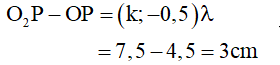 - Đặt O1 O2  = b (cm) . Theo hình vẽ ta có :

- Theo bất đẳng thức cosi thì a = amax  khi b = 6 cm. Suy ra:

- Tại Q là phần tử nước dao động với biên độ cực đại nên:

- Tại P là phần tử nước không dao động nên P thuộc cực tiểu bậc k’:

   với k’ = k + 1 (do giữa P và Q không còn cực đại nào)

   Q là cực đại ứng với k = 1 nên cực đại M gần P nhất ứng với k = 2

- Do đó: MP = 5,5 – 2,5 = 2 cm.