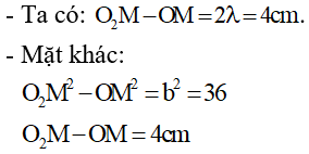 - Đặt O1 O2  = b (cm) . Theo hình vẽ ta có :

- Theo bất đẳng thức cosi thì a = amax  khi b = 6 cm. Suy ra:

- Tại Q là phần tử nước dao động với biên độ cực đại nên:

- Tại P là phần tử nước không dao động nên P thuộc cực tiểu bậc k’:

   với k’ = k + 1 (do giữa P và Q không còn cực đại nào)

   Q là cực đại ứng với k = 1 nên cực đại M gần P nhất ứng với k = 2

- Do đó: MP = 5,5 – 2,5 = 2 cm.