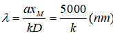 Chọn   C

Tại M:

380nm< 5000/ l  6,75<k<13,15 => k=7;8;9;10;11;12;13

Với k=7,  l  có bước sóng lớn nhất bằng 714 (nm)