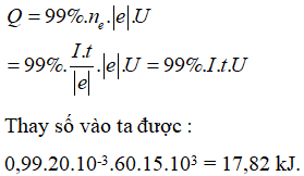 Phương pháp: Sử dụng công thức tính cường độ dòng điện và tính động năng của electron.

Cách giải:

 Ta có công thức tính cường độ dòng điện: 

Vì 99% động năng của chùm electron chuyển hóa thành nhiệt nên nhiệt năng là: