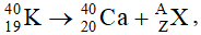 - Trong phản ứng hạt nhân  ta có:

   A = 40 – 40 = 0 và Z = 19 – 20 = -1, nên X là bêta trừ (e)