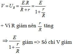 + Số chỉ A là:

Khi chiếu ánh sáng thì R giảm   =>I    tăng => Số chỉ A tăng.

+ Lại có:

=> .