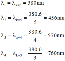 + Theo yêu cầu của bài có 4 bức xạ cho vân sáng trùng nhau nên ta có: 

+ Vì gần vân trung tâm nhất nên ta có                       (2)

+ Do ánh sáng trắng có bước sóng từ 380 nm đến 760 nm nên     (3)

+ Từ (1); (2) và (3) ta có:

+ Vậy các thành phần ứng với các bước sóng:

+ Tổng bước sóng  của các bức xạ đó là 