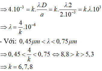 - Tại vị trí x = 4 có vân sáng tức là: 4 = k.i.

- Vậy có 3 bức xạ.