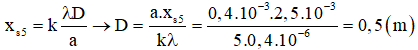 Vị trí của vân sáng bậc 5 (k = 5) đối với vân trung tâm là: