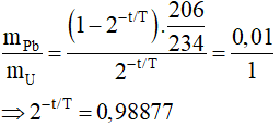 - Khối lượng Urani có trong quặng là:

- Khối lượng Chì có trong quặng là:

- Suy ra:

- Tuổi của quặng là: t = 73,33.106 năm.