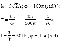 a) I0  = 5A; ω = 100π (rad/s);

b) I0  = 2√2A; ω = 100π (rad/s);

c) i = -5√2cos(100πt) = 5√2cos(100πt ±π)