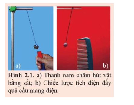 Trong Hình 2.1, thanh nam châm tác dụng lực lên vật bằng sắt mà không tiếp xúc với vật. Tương tự như vậy, chiếc lược tích điện tác dụng lực lên quả cầu