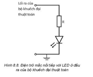 Trong sơ đồ Hình 88, để đèn LED sáng thì điện áp lối ra của mạch khuếch đại thuật toán phải dương hay âm so với đất?