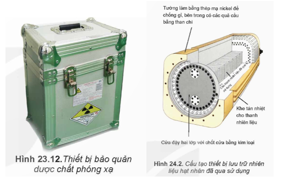 Trong y học và công nghiệp, nguồn phóng xạ và chất thải phóng xạ được bảo quản trong các thiết bị lưu trữ (ví dụ như Hình 23.12) hoặc đặt trong các hầm