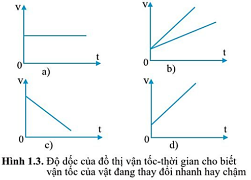 Từ độ dốc của đồ thị vận tốc – thời gian của chuyển động thẳng trên hình 1.3, hình nào tương ứng với mỗi phát biểu sau đây?

1. Độ dốc dương, gia tốc không