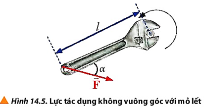 Xét lực tác dụng vào mỏ lết có hướng như Hình 14.5. Hãy xác định cánh tay đòn và độ lớn của moment lực. Biết F = 50 N,    l = 20 cm và α=20o  .