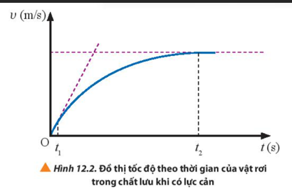 Xét một vật rơi trong không khí có đồ thị tốc độ rơi theo thời gian được biểu diễn trong Hình 12.2.   a) Vẽ hình và biểu diễn các lực tác dụng lên vật