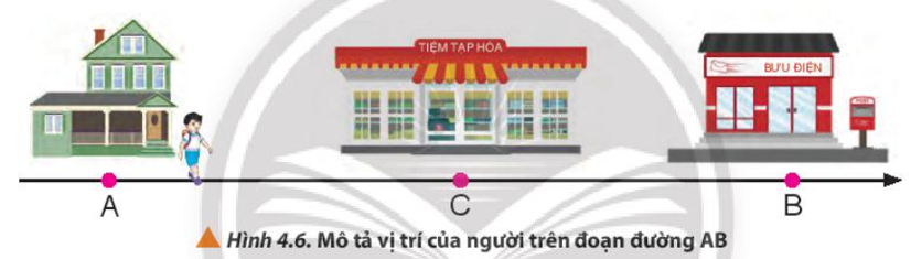 Xét quãng đường AB dài 1000 m với A là vị trí nhà của em và B là vị trí của bưu điện (Hình 4.6). Tiệm tạp hóa nằm tại vị trí C là trung điểm của (ảnh 1)