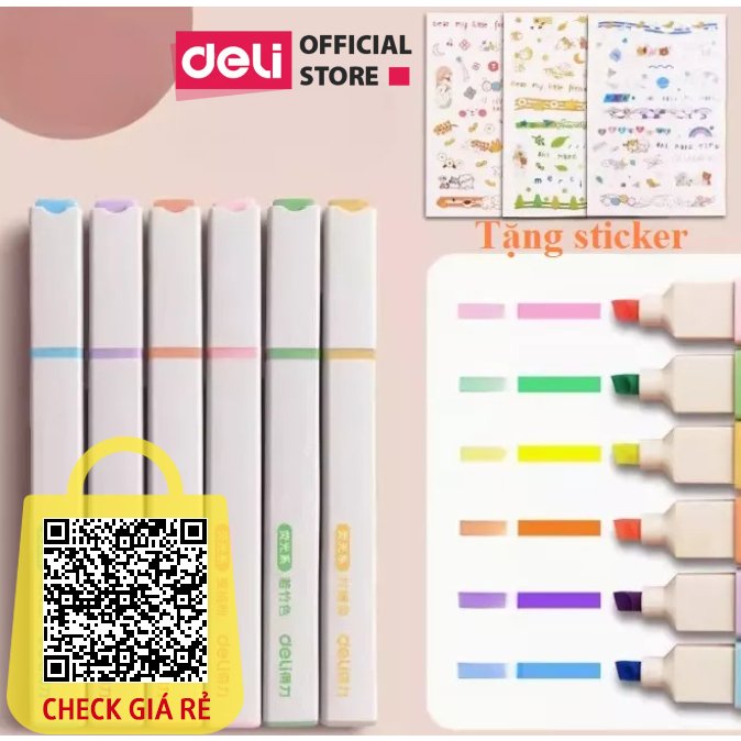 Bộ bút highlight nhớ dòng kèm sticker trang trí đánh dấu màu pastel Deli dạ quang tiện lợi cho học sinh văn phòng