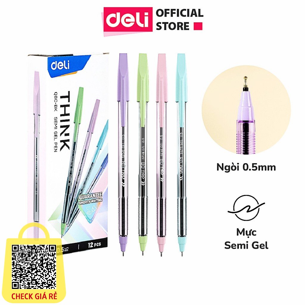 Bút bi nước bút bi mực semi gel ngòi 0.5mm Deli Bút bi nắp đậy màu pastel mực xanh/ đen viết trơn nhanh khô văn phòng