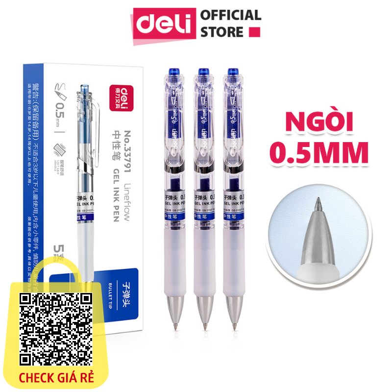 Bút bi nước bút mực gel bấm MÀU XANH chính hãng Deli A575 ngòi 0.5mm nét đều không tắc mực có ngòi thay thế