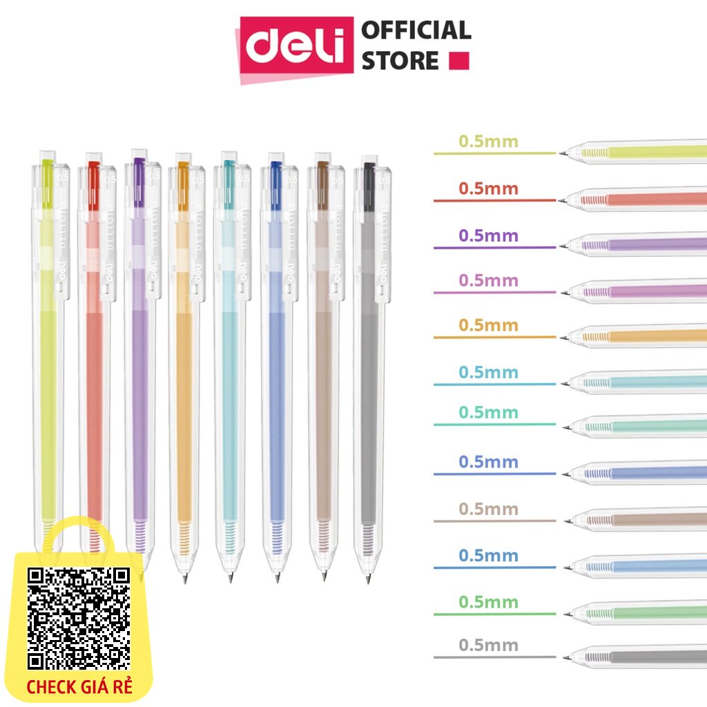 Bút bi nước mực gel bấm nhiều màu 0.5mm Deli xinh xắn nhanh khô viết đều trơn tru lâu hết mực chất lượng cao EG118