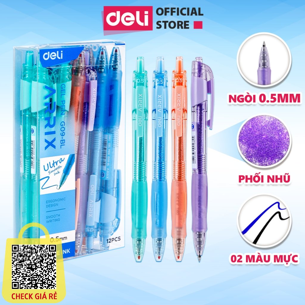 Bút gel bút bi mực nước màu pastel phối nhũ ngòi 0.5mm Deli Bút bi nước mực đều viết trơn tru văn phòng phẩm cao cấp